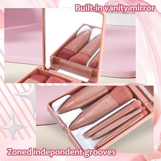 "5 in 1 Portable Makeup Brush Set with Mirror Case – Your All-in-One Beauty Essential at Oueen hop"